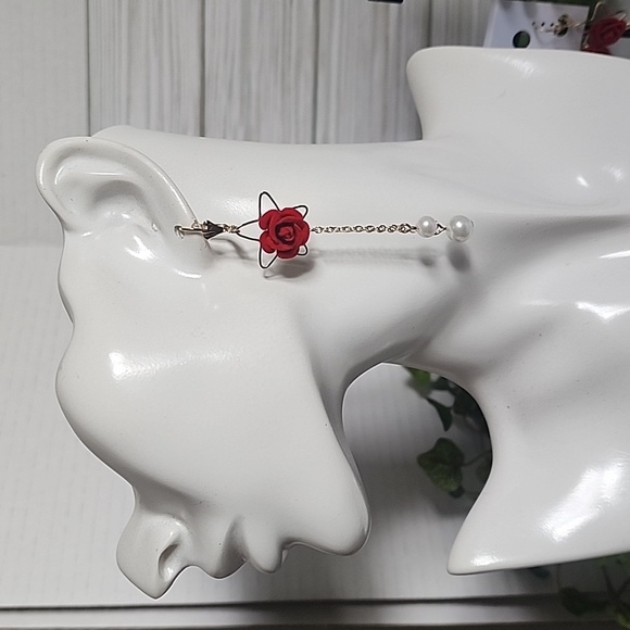 Gold with Velvet Red Rose Flower and Pearls Danglr Drop Earrings - Picture 8 of 9